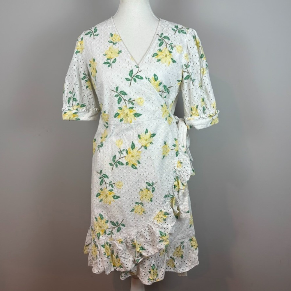 Draper‎ James Reba Wrap Dress White Cotton Eyelet Yellow Floral Womens SZ 10